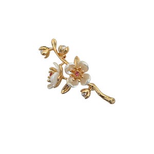 Gold-Tone Cherry Blossom Brooch with Enamel Petals, Pink Crystal Center & Faux Pearl Buds – Floral Pin for Jackets - Dresses
