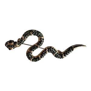 Handcrafted Gold-Tone Snake Brooch with Emerald Green Crystal Accents, Serpentine Rhinestone Pin, Unique Statement Jewelry Gift