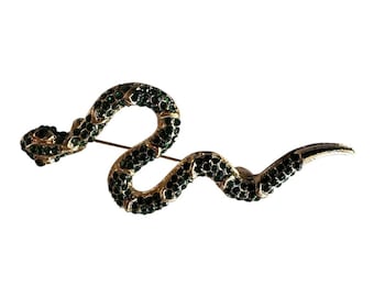 Handcrafted Gold-Tone Snake Brooch with Emerald Green Crystal Accents, Serpentine Rhinestone Pin, Unique Statement Jewelry Gift