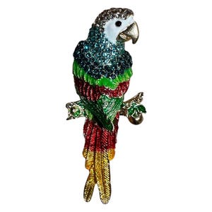 Parrot Brooch with Enamel Feathers & Sparkling Crystal Rhinestones, Tropical Bird Statement Pin, Unique Artisan Jewelry