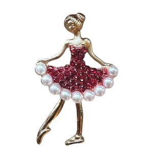 Handcrafted Gold Ballerina Brooch Pin with Red Crystal Skirt & Pearl Accents, Elegant Dance Costume Jewelry, Unique Statement Accessory