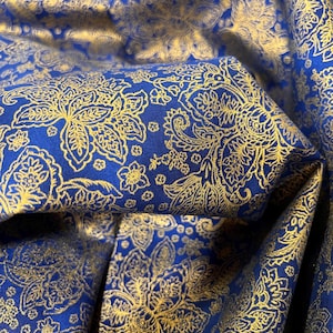Bella Mariposa Indigo Gold Metallic Paisley Floral Quilting Cotton Fabric by Hyundai Joo Lee for Robert Kaufman Design #19821 Out of Print