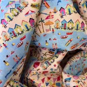 Mini Beach Scene Fabric by Gail Caden for Timeless Treasures, GAIL-CD1574  ultimate-Color Cotton Print, Beach Huts Surfboards Umbrellas