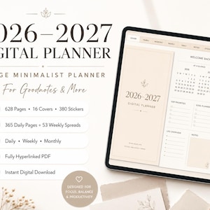Digital Planner 2026 - 2027 Hyperlinked PDF for Goodnotes, Beige Minimalist (Digital Download)