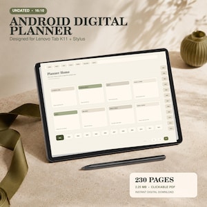May include: An Android digital planner for Lenovo Tab K11 with a stylus. The screen displays a Planner Home interface with sections for month view, goals, wellness, and notes. Text includes Android Digital Planner, 230 Pages, and 2.25 MB.