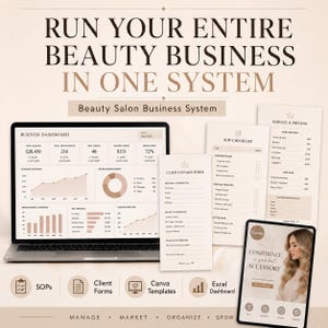 Könnte beinhalten: Ein digitales Managementsystem für Schönheitssalons mit einem Laptop, der ein Business-Dashboard anzeigt, sowie gedruckten Kundenformularen, einer SOP-Checkliste, einer Preisliste und einem Tablet mit Werbegrafik.