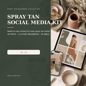 Peut inclure: Un kit marketing numérique pour entreprises de bronzage par pulvérisation avec tablette et smartphone affichant des modèles. Le texte indique : SPRAY TAN BUSINESS COLLECTION, SPRAY TAN SOCIAL MEDIA KIT, Ready-to-use content for busy spray tan artists, 30 POSTS, 15 STORY SEQUENCES, 20 REELS, 01 / 10, et SOCIAL MEDIA KIT.