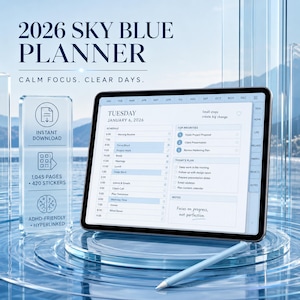May include: A digital 2026 Sky Blue Planner displayed on a tablet screen with a stylus. The interface shows a daily schedule for Tuesday, January 6, 2026, with sections for top priorities, daily plans, and notes. Text includes 1,045 pages and 420 stickers.