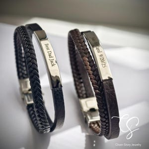 Personalized Two-Layer Braided Leather Bracelet, Custom Mens Bracelet, Mens Bracelet for Husband Boyfriend Dad, Engraved Bracelet For Him