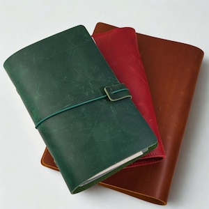 Puede incluir: Tres diarios de cuero en verde, rojo y marrón. El diario verde está cerrado con una banda elástica verde. Los diarios están apilados, con el diario verde en la parte superior, seguido del rojo y luego del marrón.