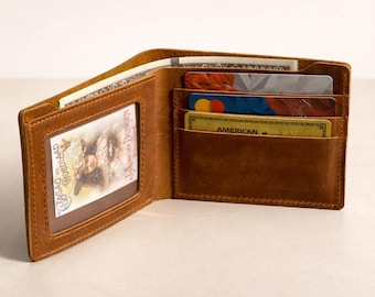 Personalized Leather Bifold Wallet for Men, Minimalist Pocket Card Holder, Handmade Small ID Wallet, Anniversary Birthday Gift for Him/Dad