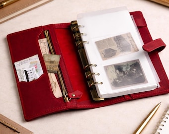 Capa de caderno de viagem personalizada em couro com porta-canetas, capa de caderno gravada com bolsos, caderno fichário recarregável personalizado nos tamanhos A5, A6 e A7.
