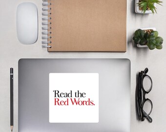 Read the Red Words sticker, 5.5 inch square with solid white background