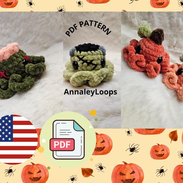 Halloween Octopus Crochet Pattern Bundle | Zombie, Frankenstein & Pumpkin Amigurumi PDF Set