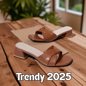 Genuine Leather Block Heel Sandals for Women – 2025 Trendy Slip-On Mules – Square Heel Shoes