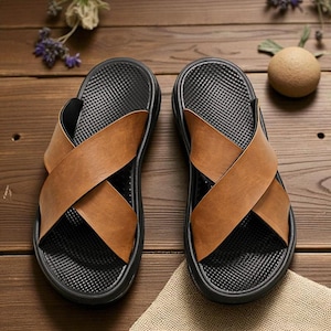 Men’s Genuine Full-grain Leather Sandals – Breathable Summer Slippers – 2025 Fashion Trend – Anti-Slip Sole – Handmade Slide Sandals