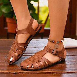 Women&#39;s Genuine Cow Leather Roman Sandals – Handmade Summer Shoes – Comfortable Casual Flats for Women