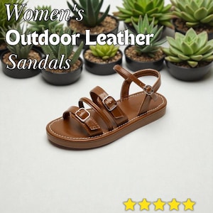 Women&#39;s Outdoor Leather Sandals – Flat Casual Work Shoes – Roman Style Comfortable Fashion Sandals for Summer