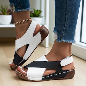 Women’s Roman Wedge Sandals – Comfortable Non-Slip Leather Sandals with Arch Support – Summer Platform Sandals for Walking, Travel, Casual..