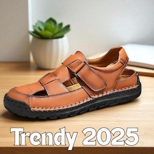 Men’s Leather Summer Sandals 2025 – Genuine Leather Vacation Shoes – Beach & Travel Sandals for Men – Breathable and Trendy Footwear