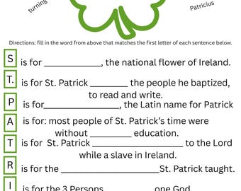 St. Patrick Fill-in-the-Blanks Worksheet, Christian Learning Activity