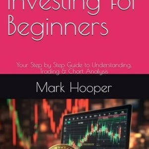 May include: Book cover titled "Crypto Investing for Beginners" with a pink background and white text. The book cover also includes a laptop displaying a trading chart and a gold Bitcoin.