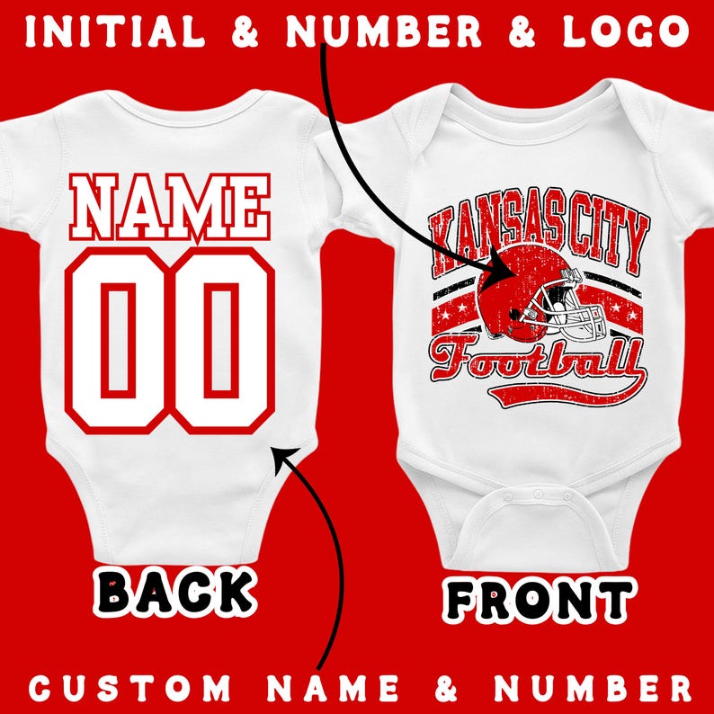 two different views of a white baby onesie with a Kansas City Football logo. The one on the left is the back view, while the one on the right is the front view. The back view shows the number 00, and the front view shows the number 00.