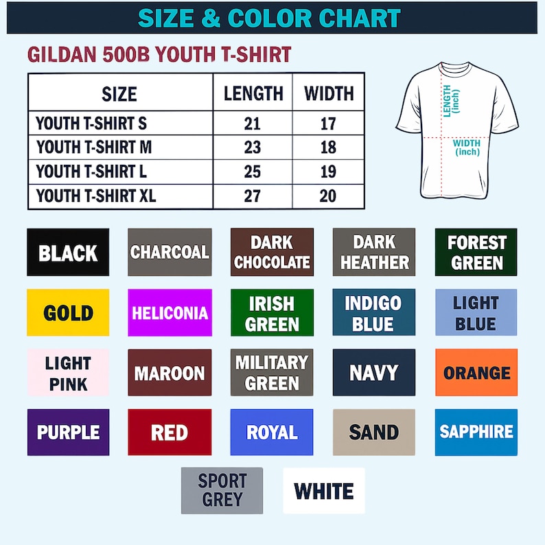 The image is a size and color chart for a GILDA 500B youth t-shirt. It provides the size and color options for the t-shirt, including black, charcoal, chocolate, heather, forest green, gold, helicolor, indigo green, light blue, maroon, navy, orange, pink, purple, red, royal, sand, and sapphire.