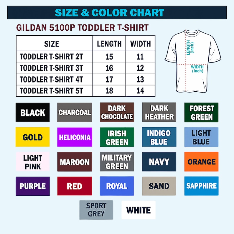 The image is a size and color chart for a Gildan 5100p toddler t-shirt. It includes a table with size and color information for different age groups, and a graphic of a toddler t-shirt with size and color measurements.