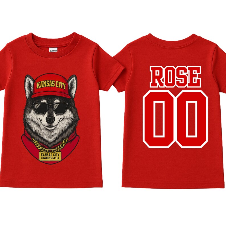 A red t-shirt with a graphic of a wolf wearing sunglasses and a red bandana, along with the text "KANSAS CITY" and "KANSAS CITY STYLE". The t-shirt also has the number "00" printed on the back.