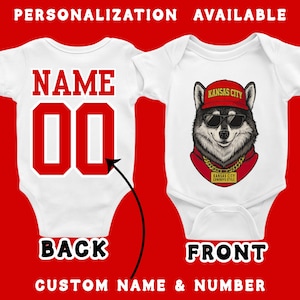two baby onesies, one with a personalized name and number, and the other with a graphic of a wolf wearing a hat and sunglasses.
