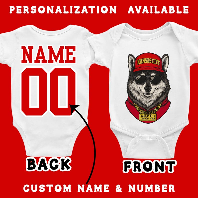 two baby onesies, one with a personalized name and number, and the other with a graphic of a wolf wearing a hat and sunglasses.