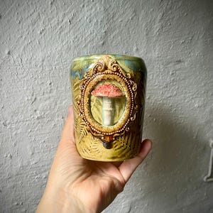 Handmade Mushroom Travel Tumbler, Ceramic To-Go Cup, Cottagecore Woodland Pottery, Unique Forest Specimen Travel Mug, Goblincore Gift for