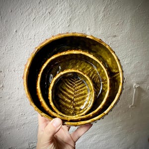 Handmade Fern Stoneware Bowl Set, Botanical Ceramic Nesting Bowls, Real Fern Imprint, Rustic Pottery, Gift for Nature Lovers
