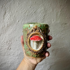 Handmade Mushroom Travel Tumbler, Ceramic To-Go Cup, Cottagecore Woodland Pottery, Unique Forest Specimen Travel Mug, Goblincore Gift for