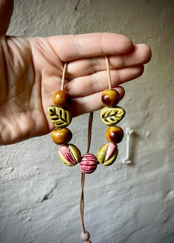 Handmade Ceramic Bead Necklace – Forest Fairy Jewelry on Leather Cord – Rustic Cottagecore Pendant Necklace – Boho Artisan Gift for Her