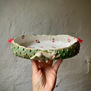 Handmade Ceramic Bowl with Handles, Stoneware Pottery Serving Dish, Hand Painted Floral Bowl, Rustic Cottagecore Tableware, Unique Gift