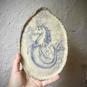 Stoneware Ceramic Unicorn Mermaid Dish, Handmade Wall Hanging Tray, Original Pottery Art, Unique Fantasy Home Decor