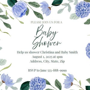 Blue Hydrangea Baby Shower Invitation