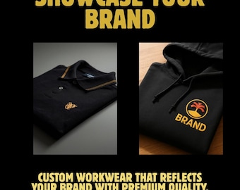 May include: A black polo shirt with gold collar trim and a small gold logo, alongside a black hooded sweatshirt featuring a circular orange and yellow palm tree graphic and the text BRAND. The image includes the text CUSTOM WORKWEAR SHOWCASE YOUR BRAND.
