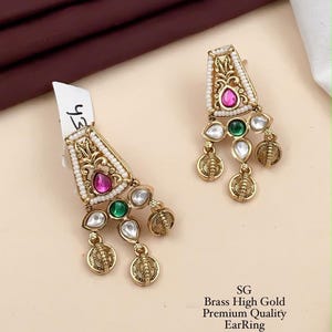 Antique Gold Kundan Earrings, Ruby Red Emerald Chandbali Studs, Traditional Indian Jewelry, Festive Wedding Wear, Eid Gift for Her