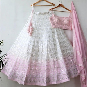 White Pink Shading color Sequence & Thread work Designer Wedding Lehenga Choli, Pastel Bridal and Bridesmaid Indian Wedding Outfit