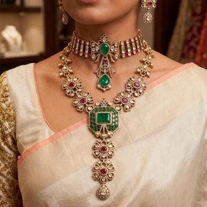 Royal Indian Kundan Necklace Earrings Set Emerald Ruby Bridal Jewelry