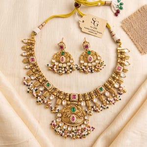 Heritage Indian Kundan Jewelry Set, Emerald Ruby Necklace, Bridal Wedding Earrings & Tikka