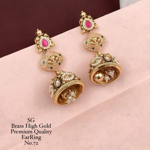 Antique Gold Polki Chandbali Jhumka Earrings: Ruby, Emerald, Pearl Drops