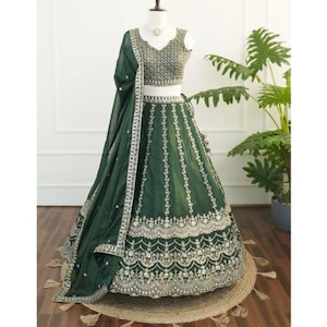 Green Embroidered Lehenga Choli | Fendy Satin Floral Sequence Work | Party Wear Indian Outfit | Wedding Engagement Lehenga