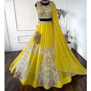Lemon Yellow Faux Georgette Fabric With Mirror & Embroidery Thread Work, Women, Indian Wedding, Bridal, Lehenga choli 2025