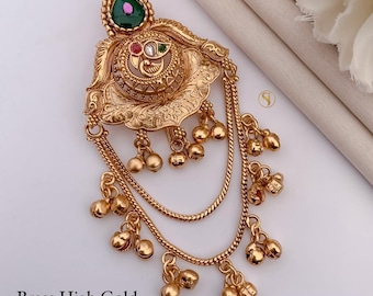 Indo-Westerse haarbroche, parel Jhumka Choti speld, vergulde Kundan Juda speld, traditionele Indiase bruidshaarsieraden, bruidsvlecht Passa