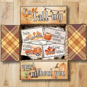 Può includere: Una scatola regalo in cartone con alette interne a quadri contenente quattro cartoline con illustrazioni e testo a tema autunnale. Il coperchio reca la scritta I'm Fall-ing e il fondo apart without you. Le cartoline raffigurano zucche e foglie.