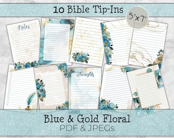 Blue & Gold Floral Tip-Ins • 10 Printable 5x7 Marble Flower Pages for Bible Journaling • PDF + JPEG Instant Download